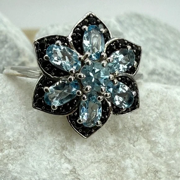 NWT Santa Maria Aquamarine & Black Spinel Daisy Ring Sz 10 Platinum 925 1.25ctw - Picture 3 of 17